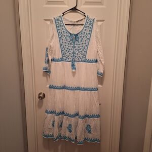 Soft Surroundings 100% Cotton White and Blue Embroidered Midi Juniper Dress